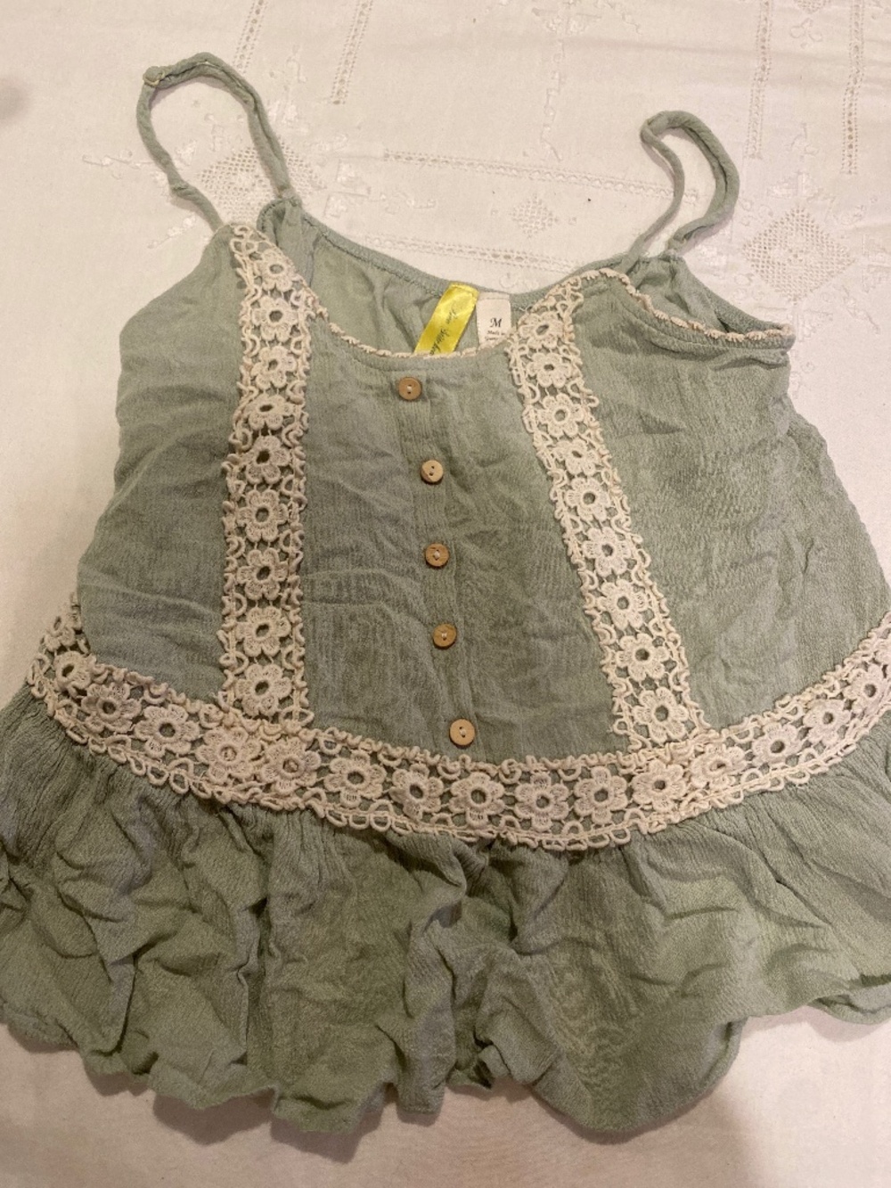 Sage green with crochet florla detailing blouse tank top